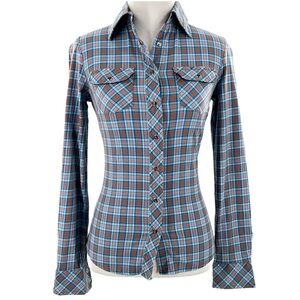 Brand paul & Joe sister for target top XS blue brown plaid pearl snap buttons